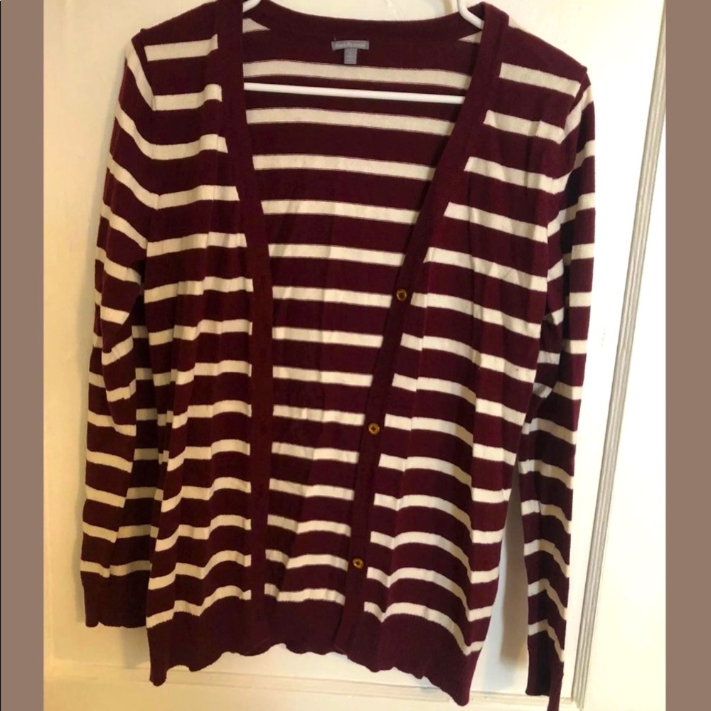 Burgundy and white striped cardigan with gold buttons